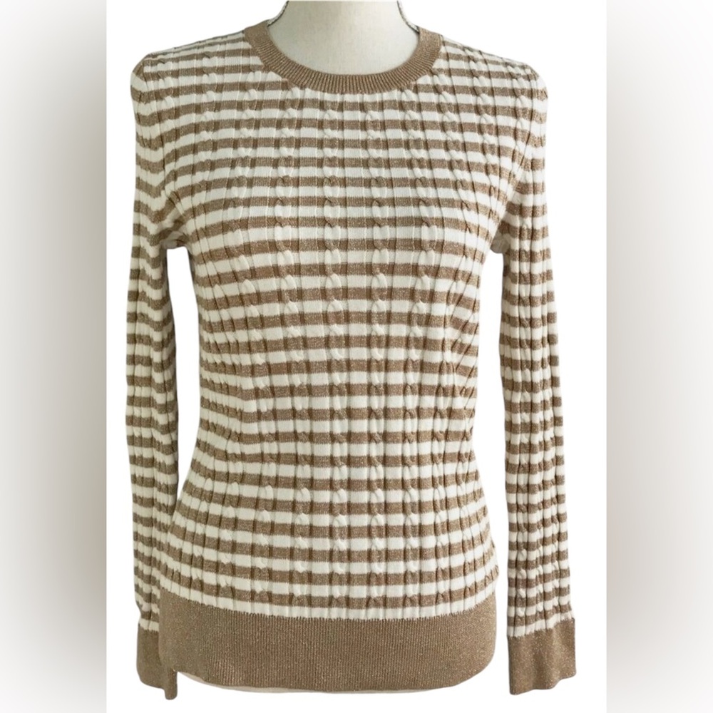 NWT Talbots Gold Metallic Cream Striped Ribbed Crewneck Sweater Holiday Size XL - Picture 4 of 15